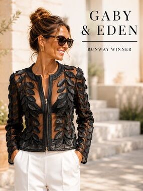 NWT,Gaby & Eden,Vegan- Leather Collect, Leaf-Trimmed Sheer,Organza Jacket,Size S